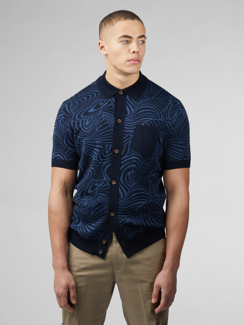 Knitwear Ben Sherman B by Ben Sherman Swirl Jacquard Button Through Polo Bleu Marine | KTJ-44860916